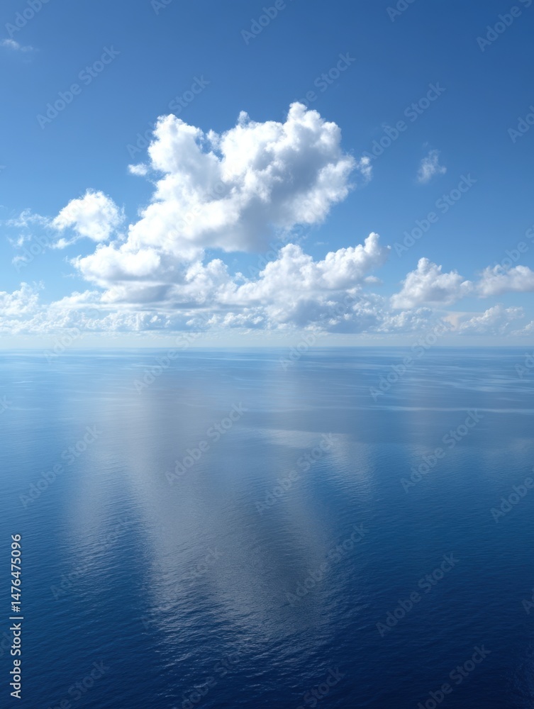 Fototapeta premium Aerial view of ocean and sky with clouds on a sunny day; calm blue sea reflecting sunlight; peaceful seascape from above