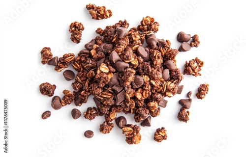 Chocolate granola clusters scattered on white background.  Small, crunchy granola pieces and chocolate chips are densely packed together in a cluster