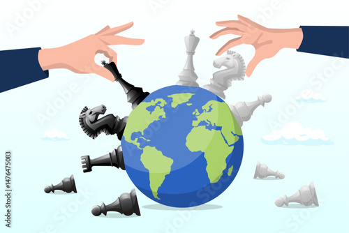 Hand playing chess to win geopolitics trade war, Geopolitics world country trade alliance, diplomacy with superpower nations, relationship or negotiation for trade war, tariff or sanction concept