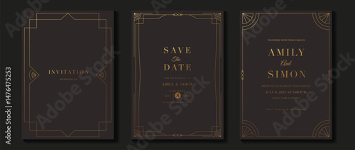 Luxury invitation card background vector. Elegant classic antique design, gold lines gradient on brown background. Premium design illustration for gala card, grand opening, art deco.