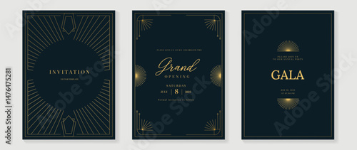 Luxury invitation card background vector. Elegant classic antique design, gold lines gradient on navy blue background. Premium design illustration for gala card, grand opening, art deco.