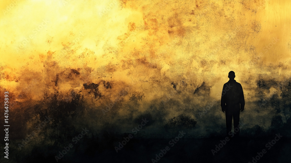 Fototapeta premium Solitary Silhouette Against a Grungy Golden Wall