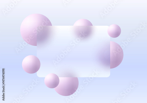 Partition of transparent material with floating spheres. Landing page of the site in the style of glass morphism.