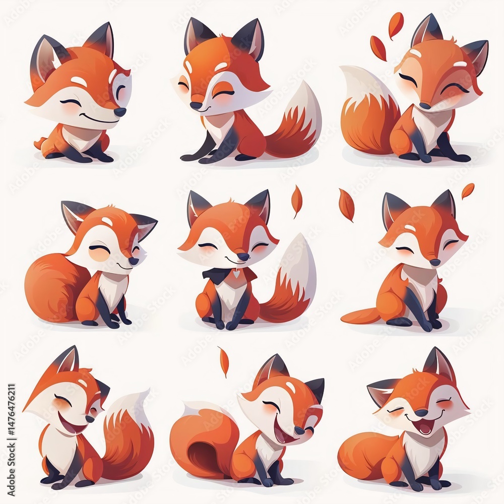 Fototapeta premium A charming fox character is captured in various poses and expressions, with vibrant orange fur and white markings, on a clean white background.