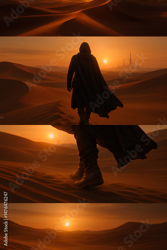 A four-frame photo of a lone traveler, a wanderer in a hooded cloak, walking through the desert among the sand dunes against a sunset background with a fantastic castle on the horizon.