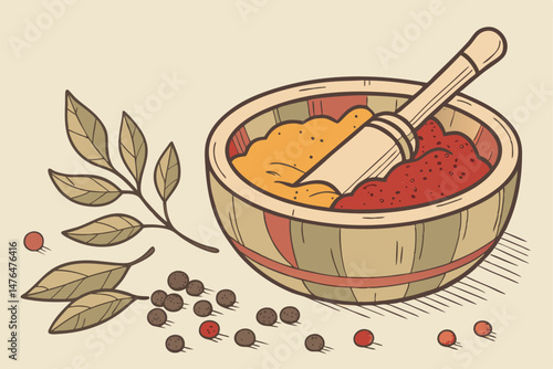 77 colorful spice mix, wooden bowl, paint brush stirring, vibrant pigments, textured surface, still life photography, natural lighting, rustic food photography