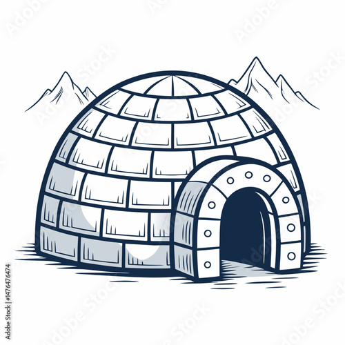 Create a bold, vector illustration of an Inuit igloo with a clearly defined, thick stroke outline, incorporating the letter 'E' subtly within the design.