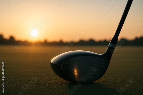 Golf club head, driver on the green grass of the golf course against a sunset backdrop.