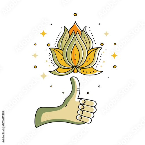 Golden Thumbs Up Icon with Lotus for Social Media Feedback, Approval Graphics, Positive Rating Displays, Customer Review Systems, Agreement Indicators, and Success Notification Design