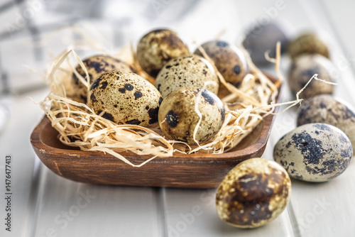 Obraz na płótnie Spotted quail eggs on kitchen table. w salonie