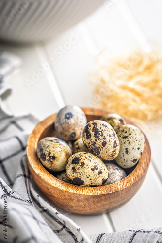 Obraz na płótnie Spotted quail eggs in bowl on kitchen table. w salonie