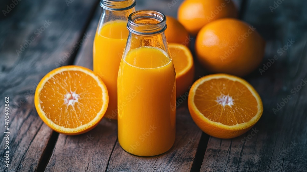 A bottle of orange juice with oranges on a table, with a plant and window in the background. A bottle of orange juice with oranges on a table, with a plant and window in the background.