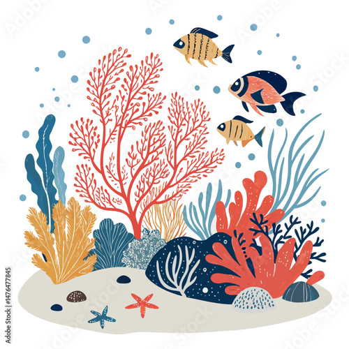 Create a bold, vector illustration of an underwater coral reef 'R' letter.  The 'R' should be formed from vibrant coral and incorporate diverse marine life.