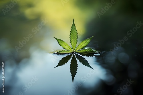 A vibrant green cannabis leaf floats serene on water with its distinct reflection against a soft background.