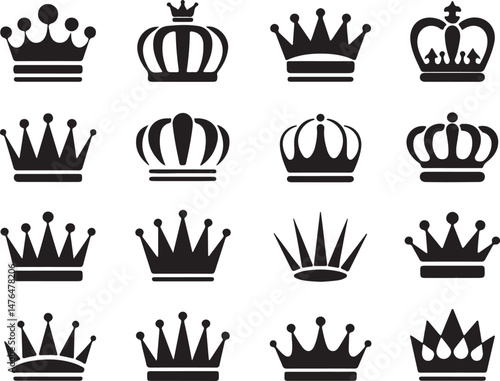 Black Royal Crown Symbol Vector Icon Set