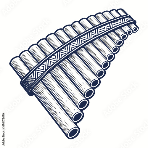 Create a bold, vector illustration of a Peruvian pan flute, showcasing intricate details and a strong, defined outline.  Include realistic shading.
