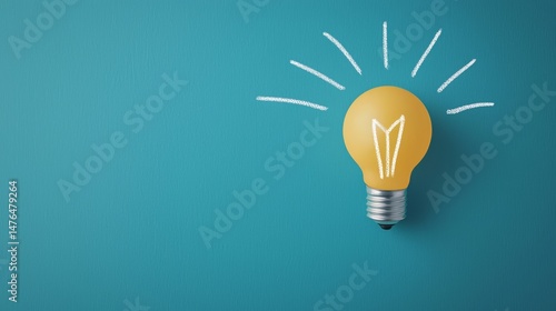 A yellow light bulb on a blue background symbolizes a creative idea or inspiration, with drawn lines indicating brightness.