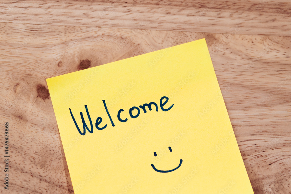 Welcoming note wooden desk home office visual content warm environment close-up perspective