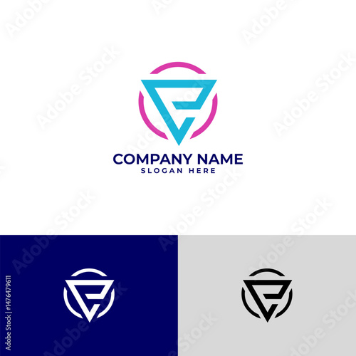 abstract letter E logo. Features a stylized "E" formed within a triangular shape, enclosed by a circular outline. Vibrant color scheme with blue, pink. Represents innovation, creativity, dynamic