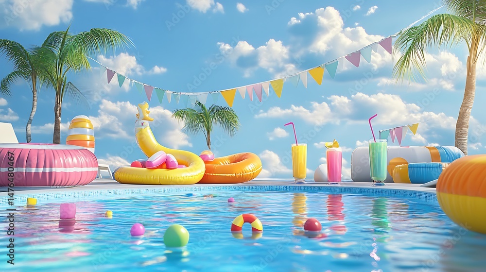 Obraz premium Poolside summer scene with floats drinks and palm trees