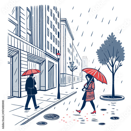 Create a bold, vector illustration of a rainy city street at night, emphasizing strong lines and dramatic lighting.  Include details like streetlights and reflections.