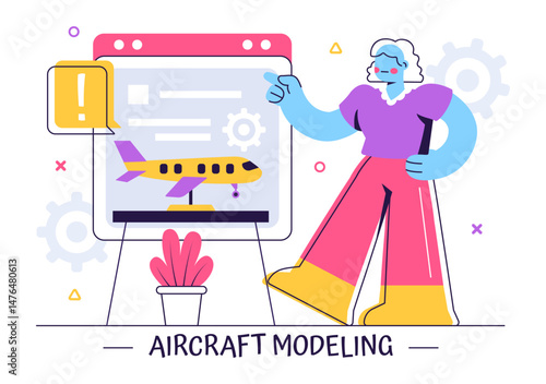 Aircraft Modeling and Crafting Vector Illustration Featuring the Assembly or Painting of a Large Airplane Model as a Replica of a Real Aircraft