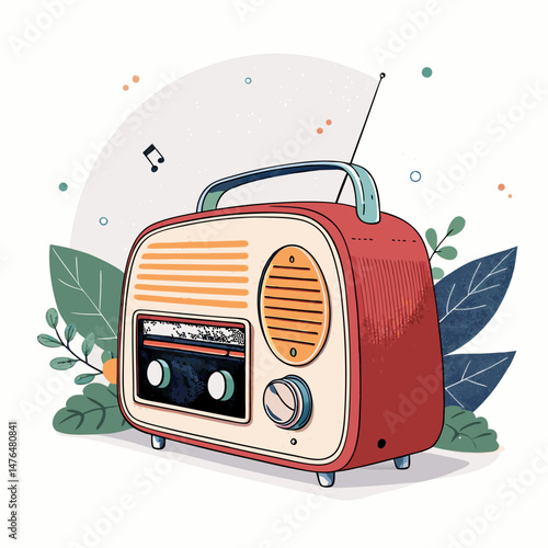 Create a bold, vector illustration of a vintage, retro radio; thick outlines, cutaway view showing internal components.  Style should be clean and modern.