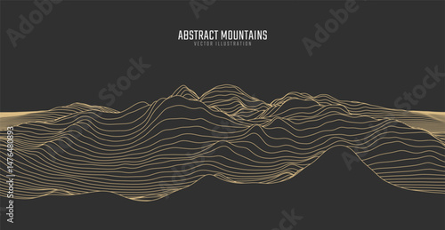 Contour mountain landscape. Waved line art. Abstract minimal topographic map. Contour lines with elevations and terrain depth. Vector illustration.