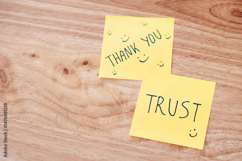 Positive vibes gratitude and trust notes a wooden desk in a cozy home office