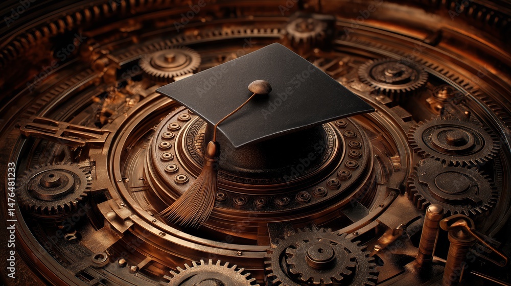 Obraz premium Graduation cap resting on intricate gears representing achievement in a mechanical world