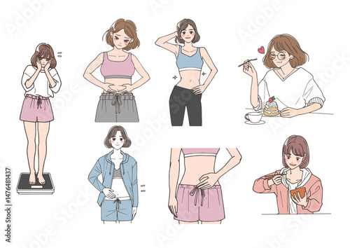 ダイエットをしている女性たちのイラストセット