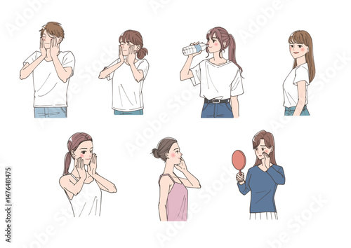 美容に気をつけている若い男性と女性のイラストセット