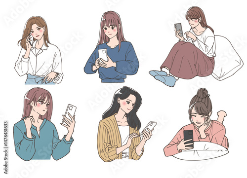 携帯電話を操作している若い女性たちのイラストセット