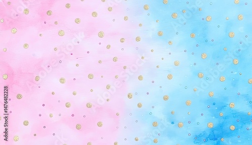 Delicate watercolor background with a soft pink and blue gradient, scattered with gold glitter dots