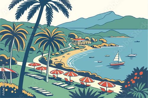 26 tropical resort, blue ocean, palm trees, swimming pools, umbrellas, boats, distant mountains, sunny day, panoramic view, detailed scenery, vibrant colors, lush vegetation, holiday destination