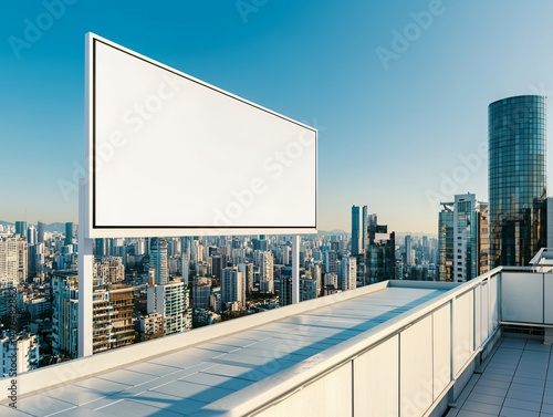 freestanding billboard with white metal frame on rooftop with solar panels, minimalist setup, cloudless sky, and ambient morning shadows