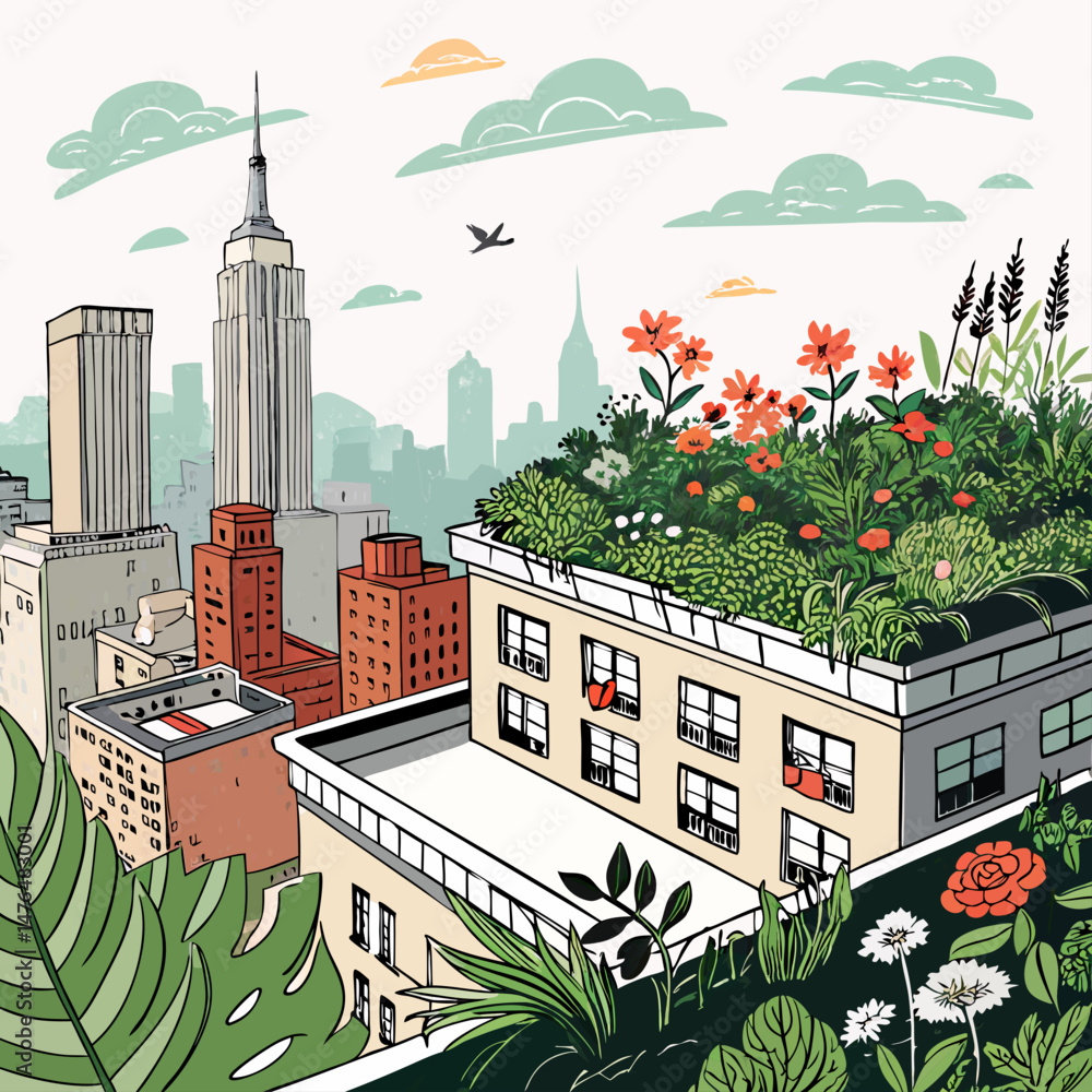 Obraz premium Create a bold, vector illustration of a rooftop cityscape at sunset, featuring sharp lines and strong contrasts. Include detailed architectural elements.