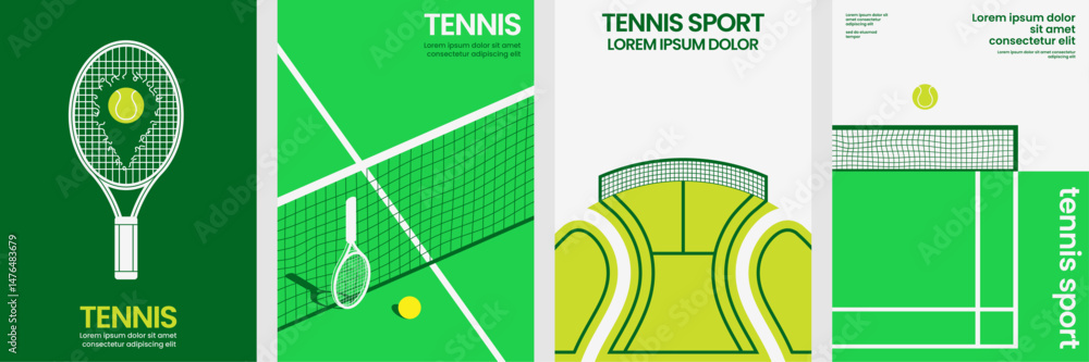 Obraz premium Modern tennis poster set with abstract illustrations of court, racket, and ball perfect for sports branding, clubs, or promotional materials.