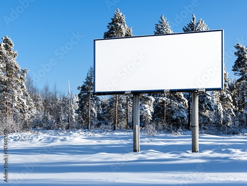white billboard frame on a snow-covered field, soft winter light, surrounding pine trees with frost, powdery ground textures, and untouched natural background