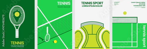 Modern tennis poster set with abstract illustrations of court, racket, and ball perfect for sports branding, clubs, or promotional materials.