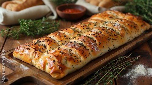 Freshly baked brek cooling on a wooden tray in a village bakery Surrounded