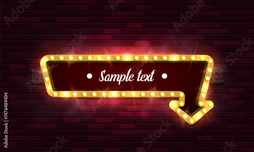 Shining retro arrow on brick wall background. Vintage bright sign board for your design. Vector illustration.