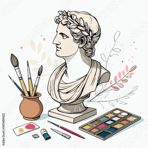 Create a bold, vector illustration of a classical sculpture bust, featuring a thick, defined stroke.  Emphasis on strong lines and clean silhouette.