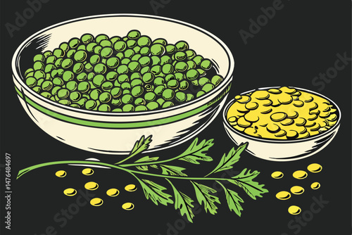 79 green peas, yellow split lentils, round bowl, black background, vibrant colors, dramatic lighting, high contrast, detailed textures, studio shot