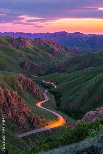 Winding Road Through Green Hills at Sunset Aerial View Scenic Landscape Nature Travel Adventure