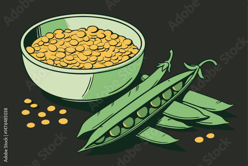 79 green peas, yellow split lentils, round bowl, black background, vibrant colors, dramatic lighting, high contrast, detailed textures, studio shot