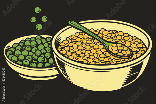 79 green peas, yellow split lentils, round bowl, black background, vibrant colors, dramatic lighting, high contrast, detailed textures, studio shot