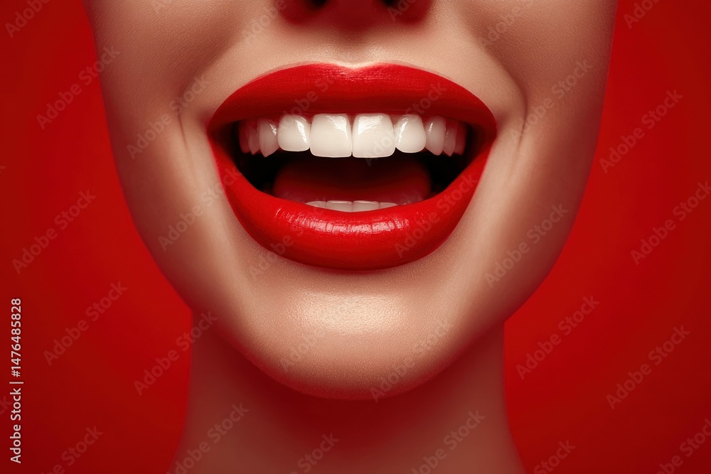 Obraz premium A close-up of a smiling mouth with bright red lipstick, revealing perfect, white teeth against a bold red background.