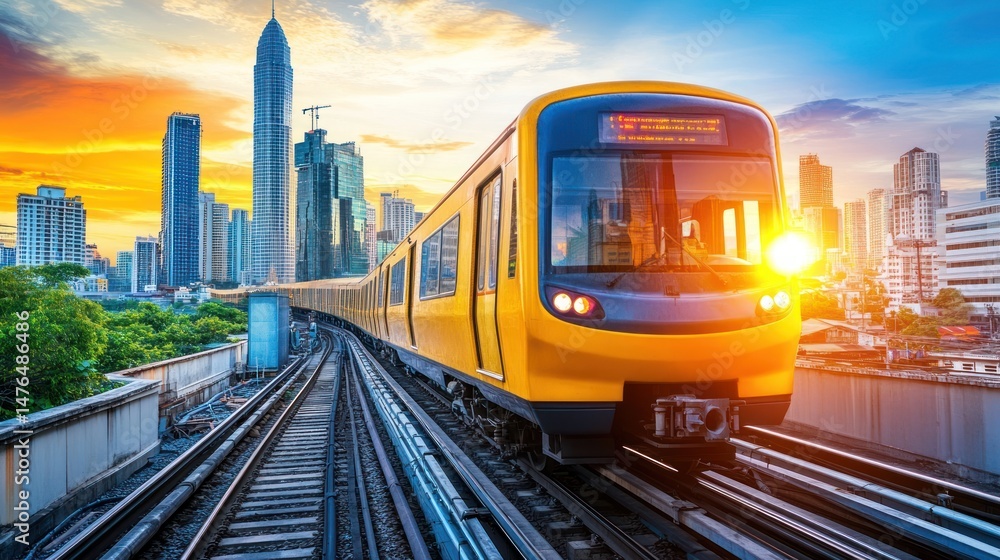 Fototapeta premium Urban Train at Sunrise; Modern Cityscape; Transportation; Daily Commute; Great for Stock Photos