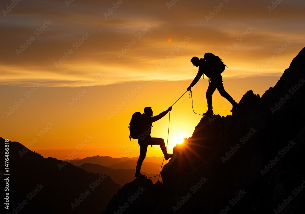 Obraz premium Climbers Supporting Each Other in the Golden Glow of a Sunset